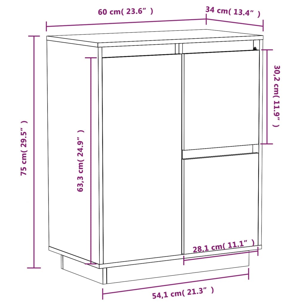 Dimensions of a solid wood pine sideboard, measuring 60x34x75 cm, featuring 3 doors for ample storage space.