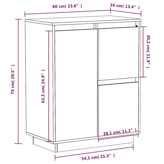 Dimensions of a solid wood pine sideboard, measuring 60x34x75 cm, featuring 3 doors for ample storage space.