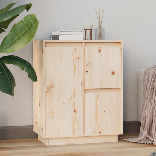 Solid wood pine sideboard cabinet with 3 doors, perfect for storage and decor in a stylish lounge setting.