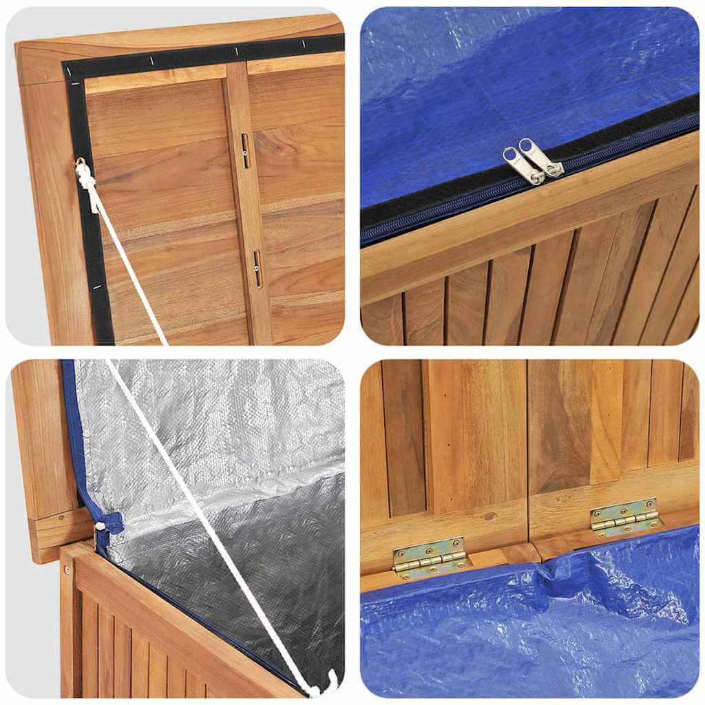 Features of Garden Box 150x50x55 cm Solid Wood Teak, including easy open lid and durable construction.