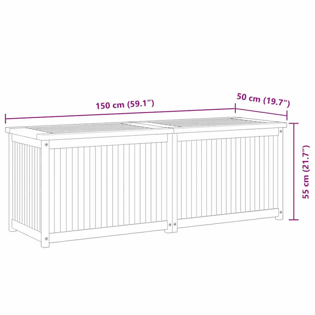 Dimensions of Garden Box 150x50x55 cm Solid Wood Teak with easy open lid for storage of tools and utilities.