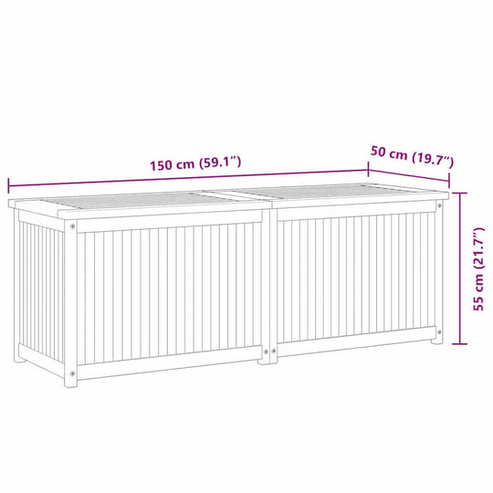 Dimensions of Garden Box 150x50x55 cm Solid Wood Teak with easy open lid for storage of tools and utilities.