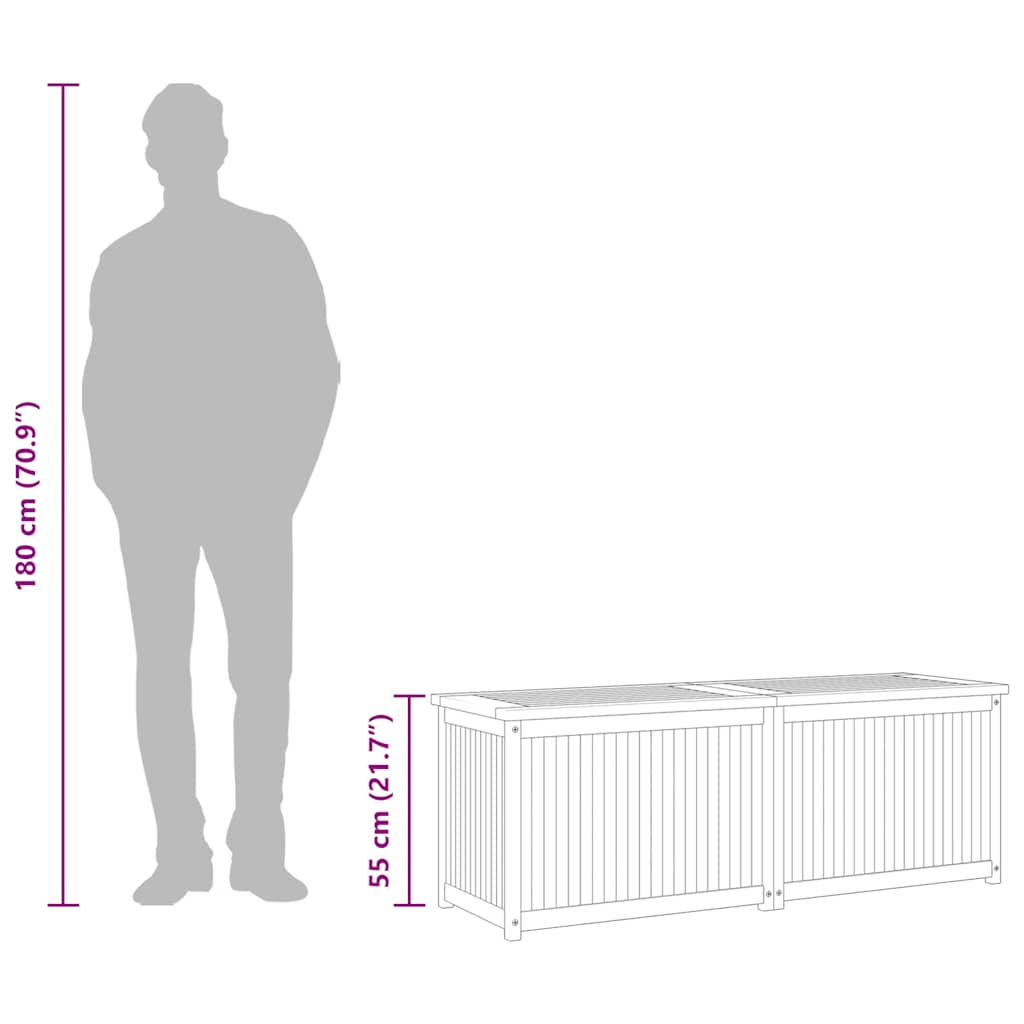 Dimensions of Garden Box 150x50x55 cm Solid Wood Teak next to silhouette for size comparison.