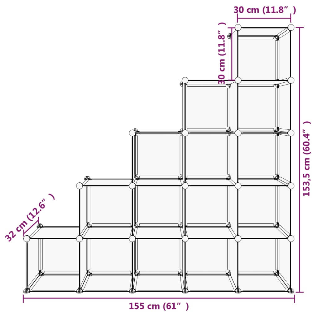 Storage Cube Organiser with 15 Cubes  PP dimensions diagram showcasing structure and size.