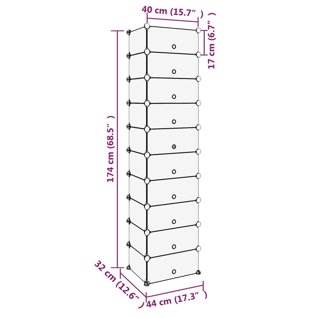 Shoe Rack 44x32x174 cm PP dimensions and specifications illustration.