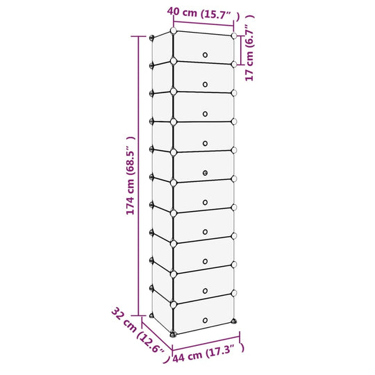 Shoe Rack 44x32x174 cm PP dimensions and specifications illustration.