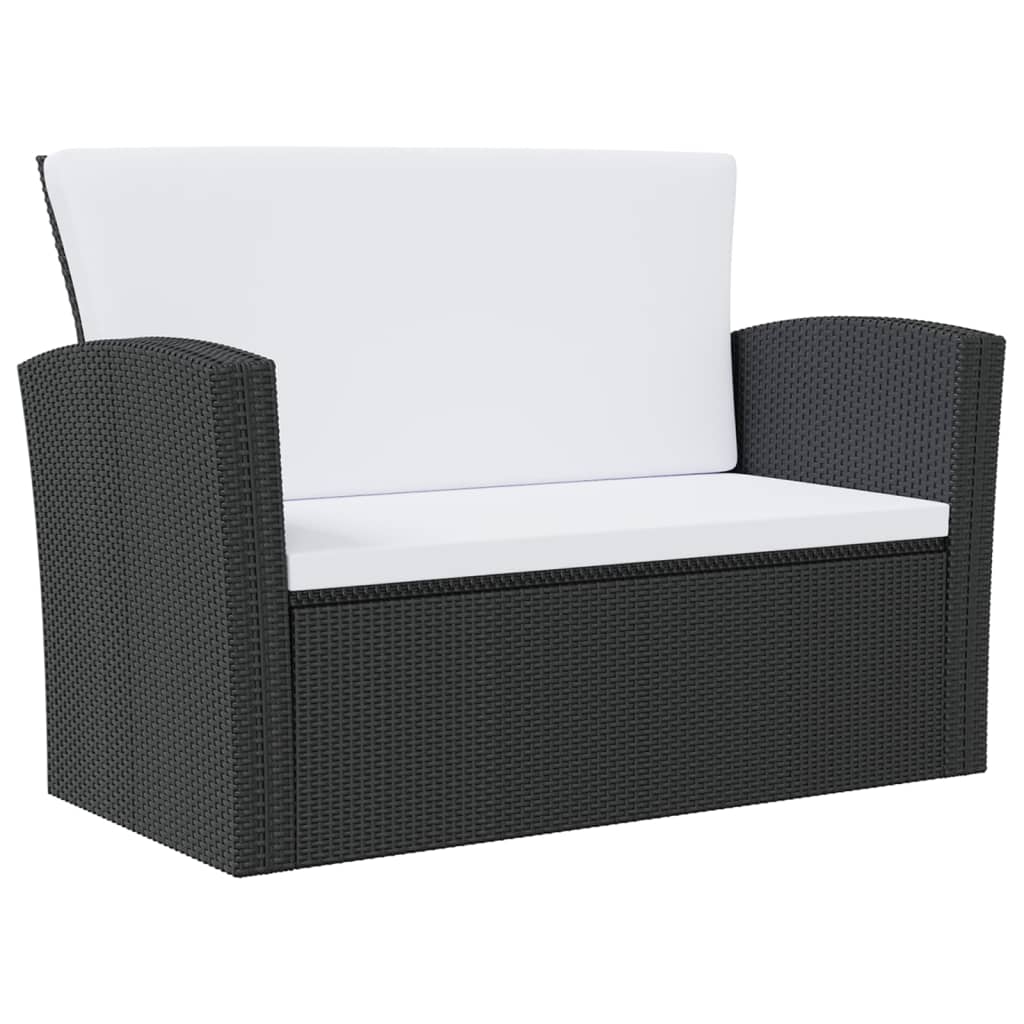 Comfortable black poly rattan garden loveseat with white cushions, perfect for outdoor lounge areas.