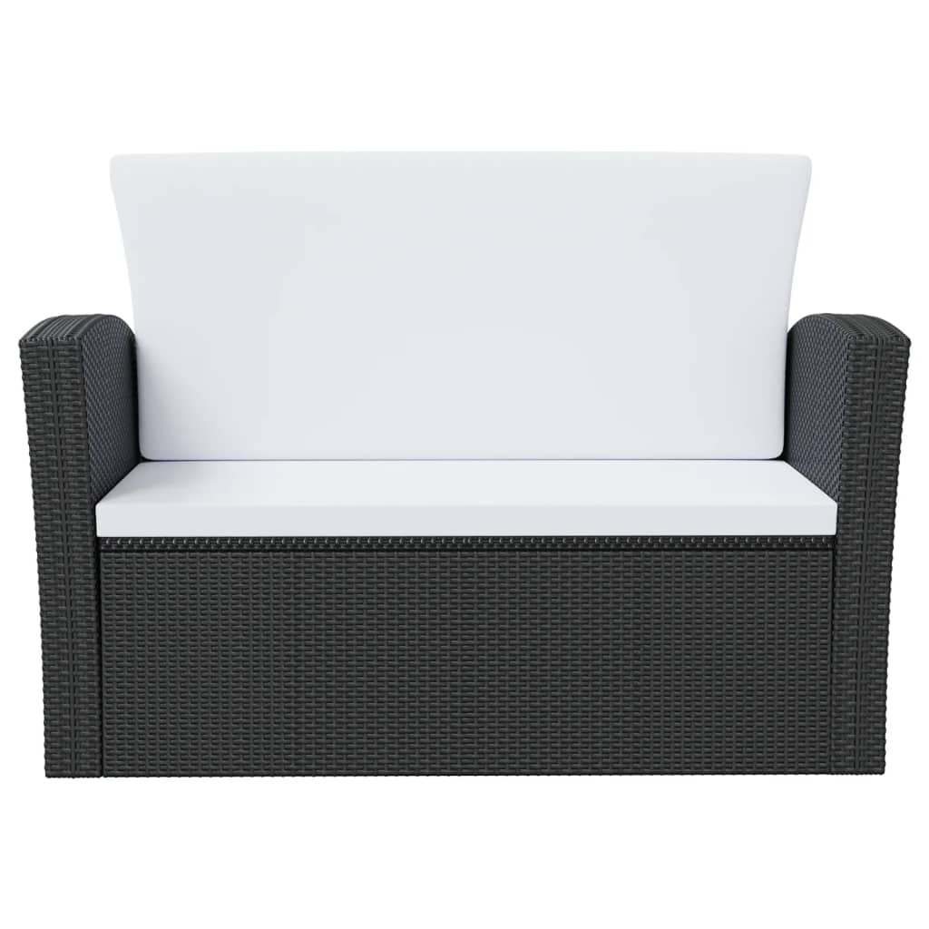 Black poly rattan garden lounge sofa with white cushions, perfect for outdoor relaxation.