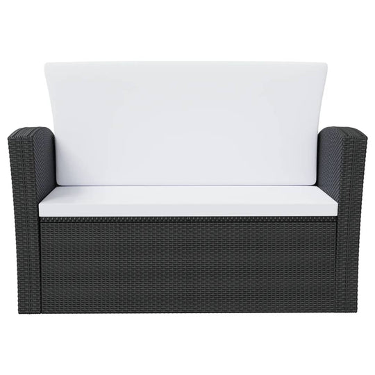 Black poly rattan garden lounge sofa with white cushions, perfect for outdoor relaxation.