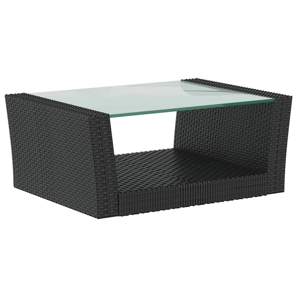 Black poly rattan coffee table with glass top, perfect for garden or patio lounge sets.