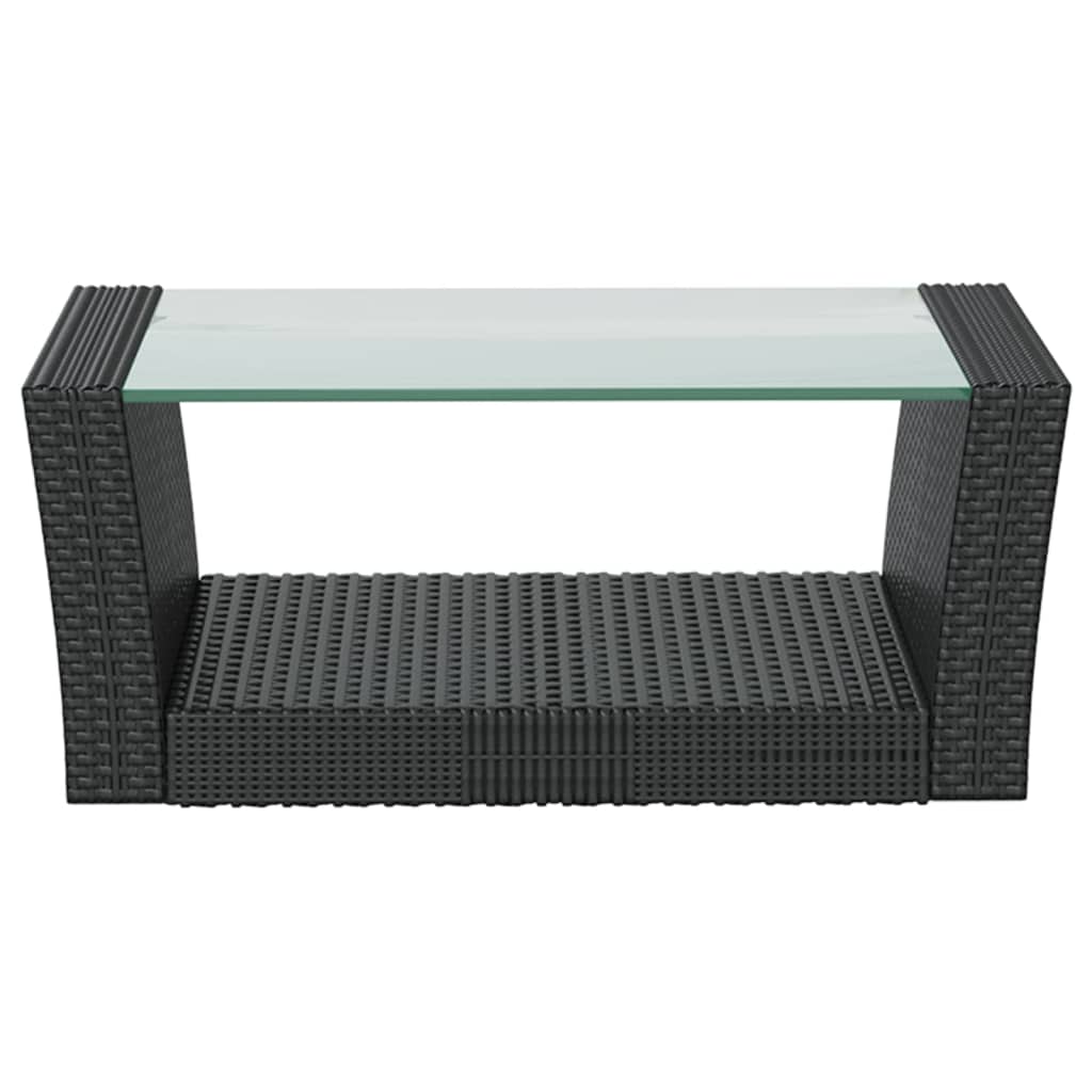 Black poly rattan coffee table with glass top, ideal for outdoor garden lounge sets. Elegant and easy to clean.