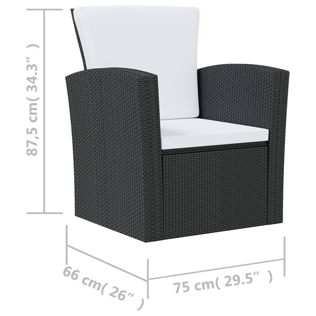 16 piece garden lounge chair with cushions, poly rattan material, black design, dimensions 87.5cm height, 75cm width, 66cm depth.