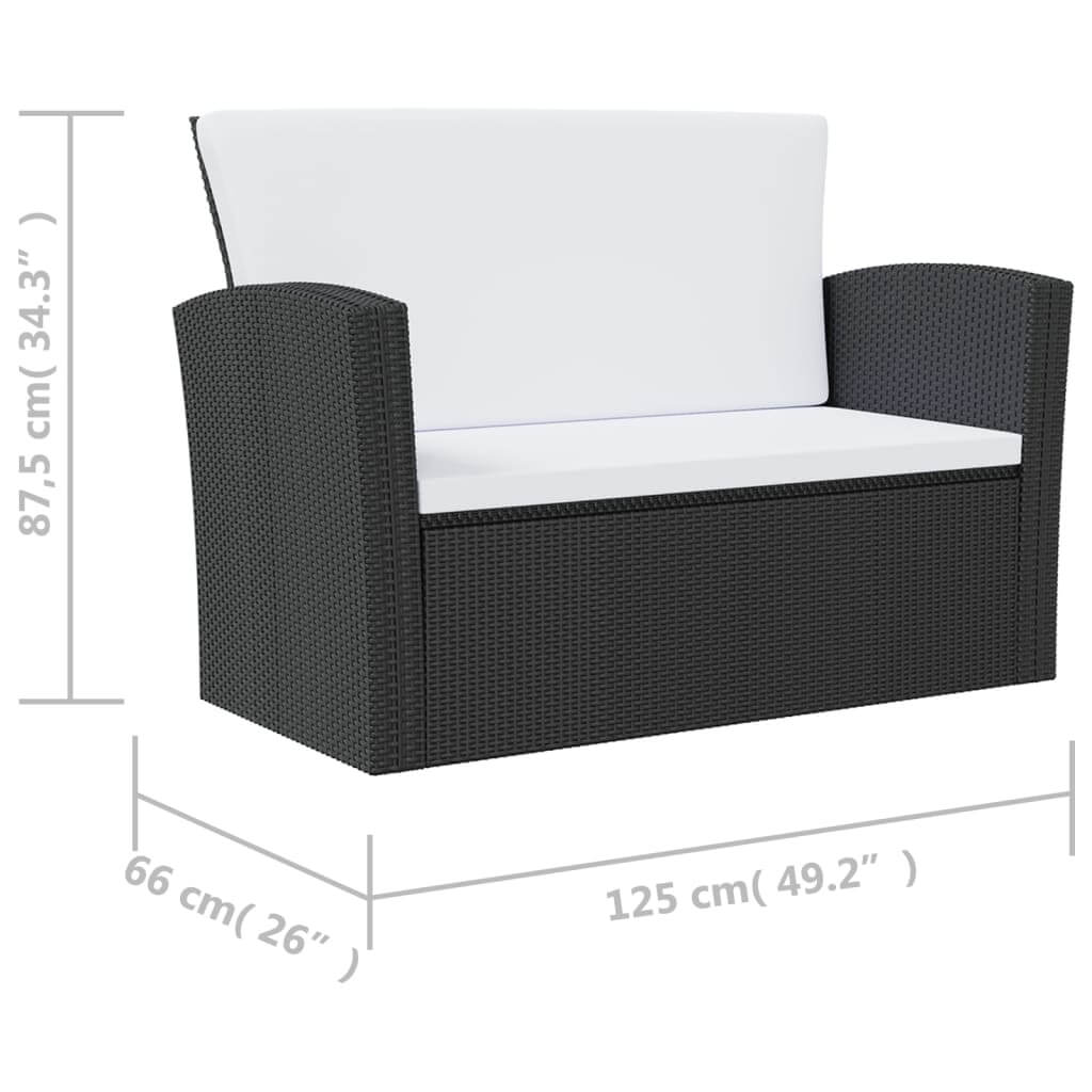 16 Piece Garden Lounge Set Poly Rattan Black dimensions, featuring a two-seat sofa with white cushions.