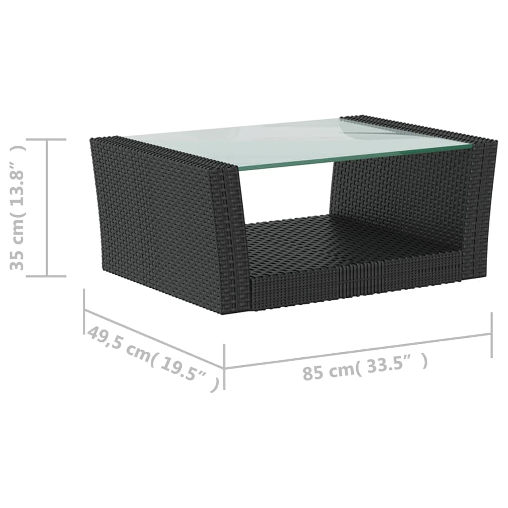 Poly rattan coffee table with glass top, featuring dimensions 85 cm x 49.5 cm x 35 cm, perfect for garden lounge sets.