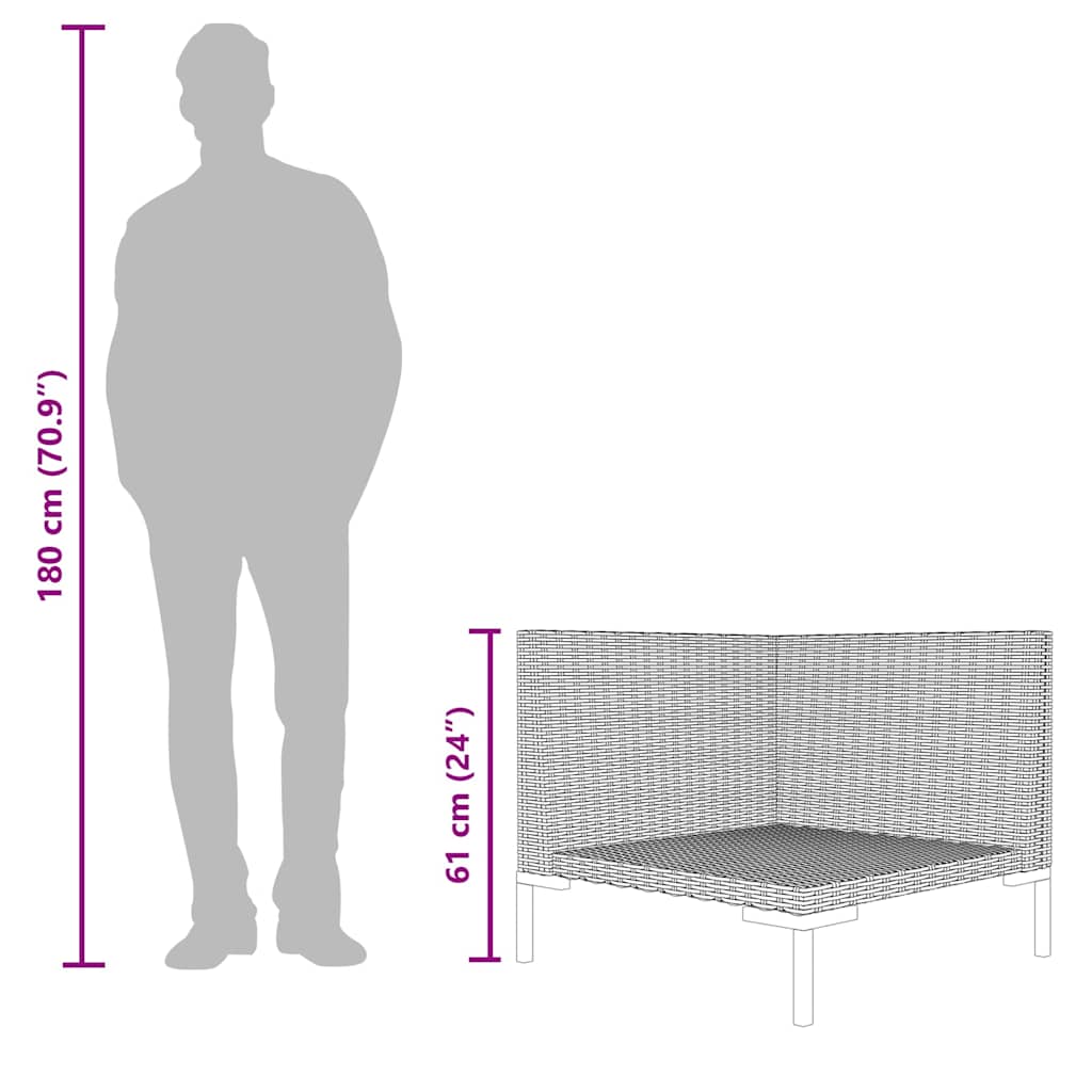 Garden Sofa with Cushions Half Round Poly Rattan size comparison with human silhouette
