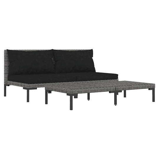 3 Piece Garden Lounge Set Dark Half Round Poly Rattan with black cushions and stylish design for outdoor relaxation.