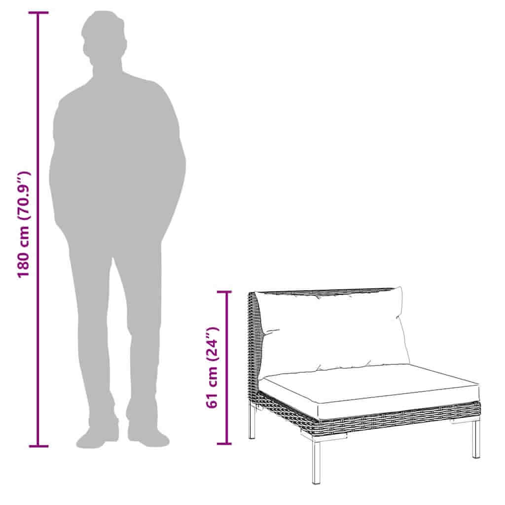 Dimensions of the 3 Piece Garden Lounge Set Dark Half Round Poly Rattan seating with silhouette for size reference.