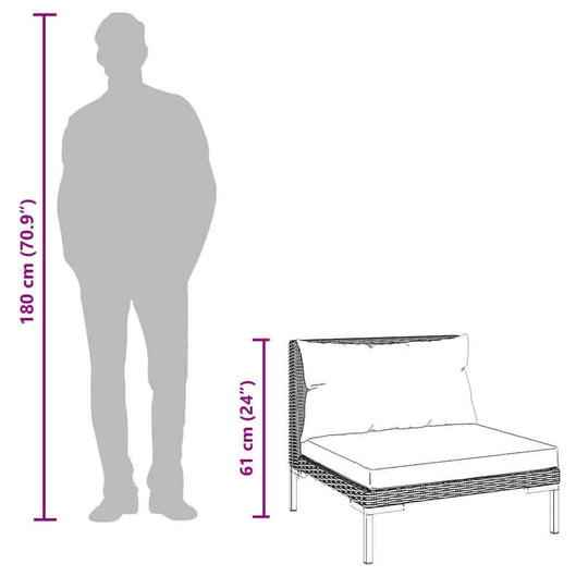 Dimensions of the 3 Piece Garden Lounge Set Dark Half Round Poly Rattan seating with silhouette for size reference.