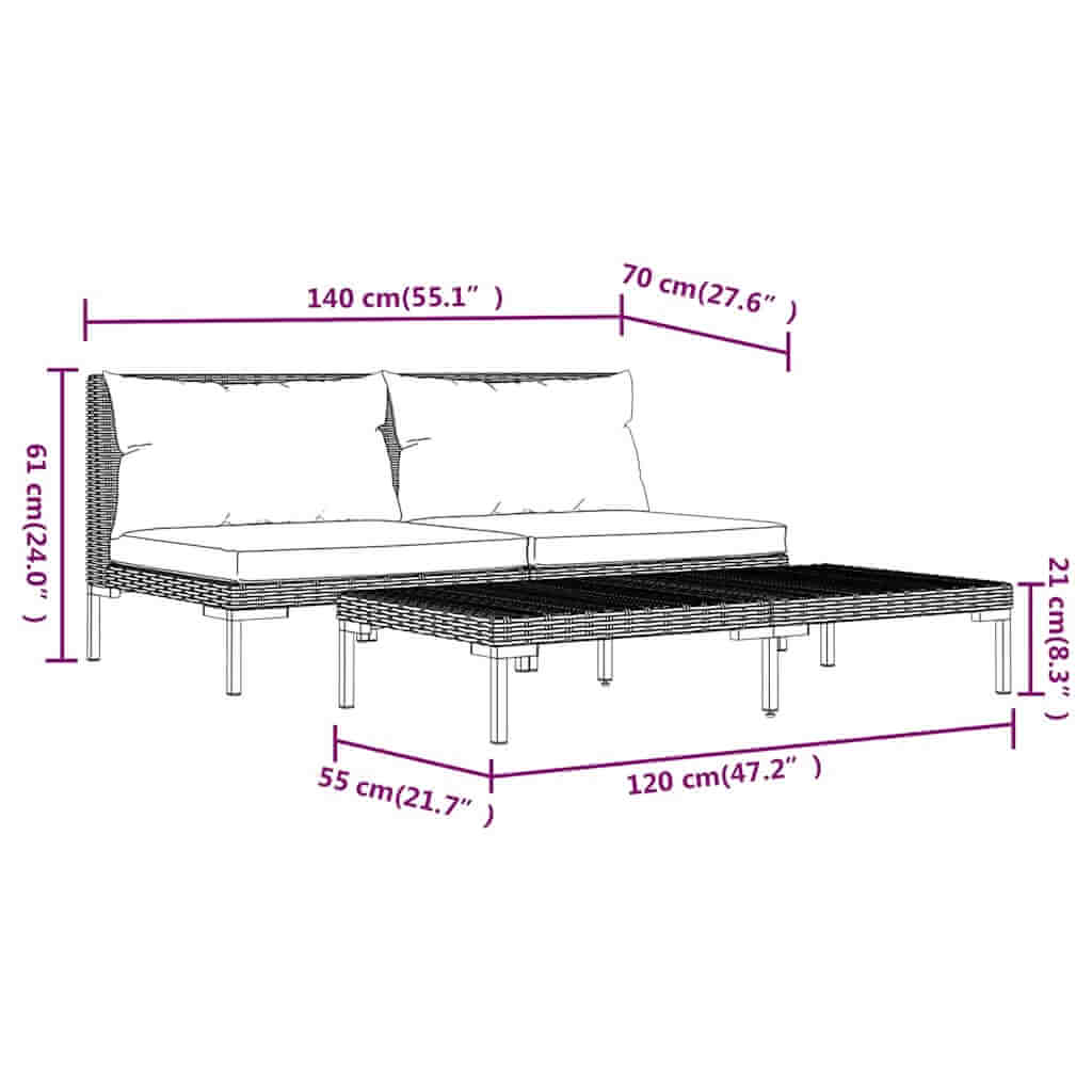 Dimensions of 3 Piece Garden Lounge Set Dark Half Round Poly Rattan with label measurements.