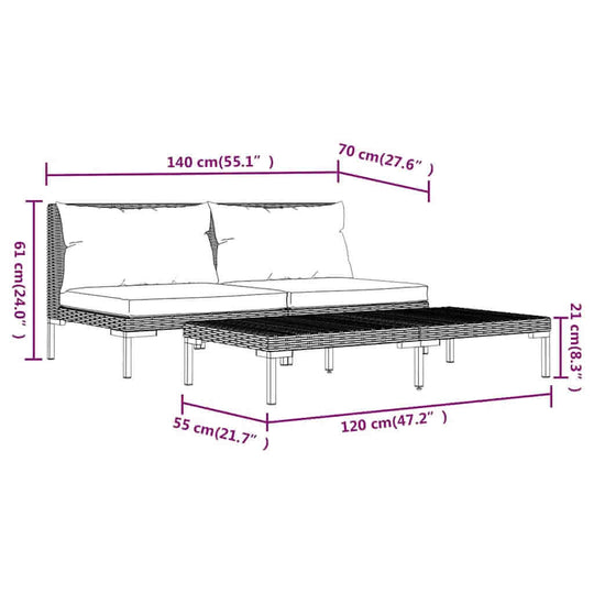 Dimensions of 3 Piece Garden Lounge Set Dark Half Round Poly Rattan with label measurements.