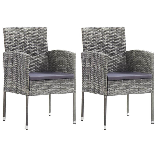 Set of 2 grey poly rattan garden chairs with dark grey cushions, perfect for outdoor furniture and lounge settings.