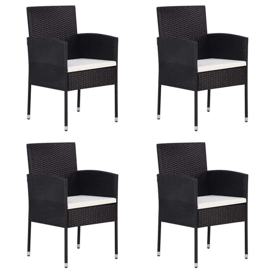 Set of 4 black poly rattan garden chairs with cream white cushions, perfect for outdoor furniture and lounge areas.