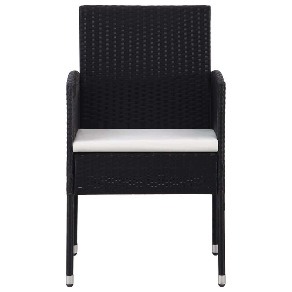 Black poly rattan garden chair with cream white cushion, ideal for outdoor furniture and lounge settings.