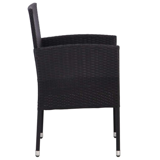 Side view of a black poly rattan garden chair, perfect for outdoor lounge furniture with cream white cushions.