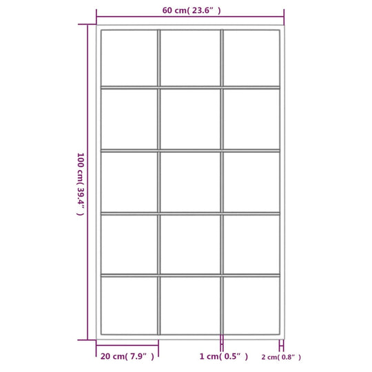 Dimensions of a black wall mirror measuring 100x60 cm with a grid design for versatile wall-mounted display.