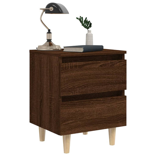 Chic brown oak bed cabinet with solid wood legs, two drawers, lamp, and plant, perfect for organized bedroom decor.