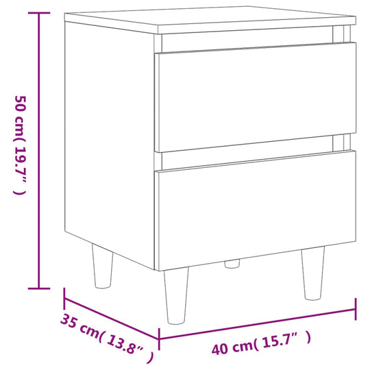 Bed cabinet dimensions with solid wood legs, featuring two drawers for storage, showcasing Scandinavian design style.