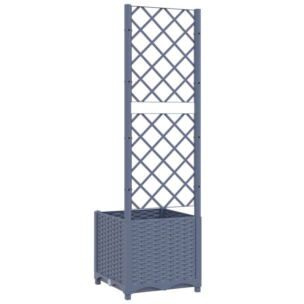 Garden planter with trellis in blue-grey color, measuring 40x40x136 cm, suitable for outdoor plant decoration.