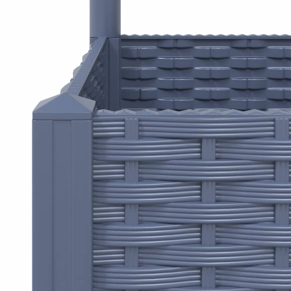 Close-up of a blue-grey garden planter with a woven design, showcasing sturdy weather-resistant material.