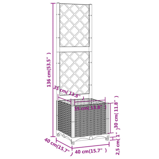 Dimensions of a blue grey garden planter with trellis, measuring 40x40x136 cm, designed for outdoor use.