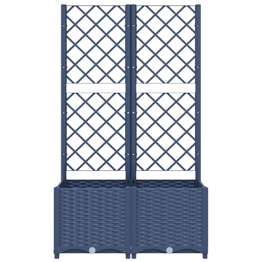 Garden Planter with Trellis Blue 80x40x136 cm PP featuring a sturdy trellis and spacious bottom box for plants.