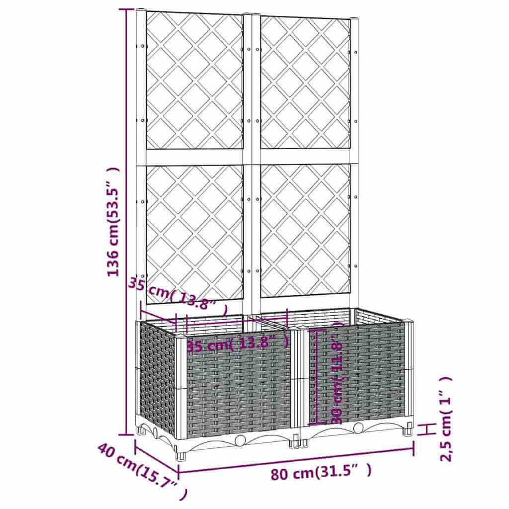 Garden Planter with Trellis Blue  80x40x136 cm PP dimensions and detailed design illustration.