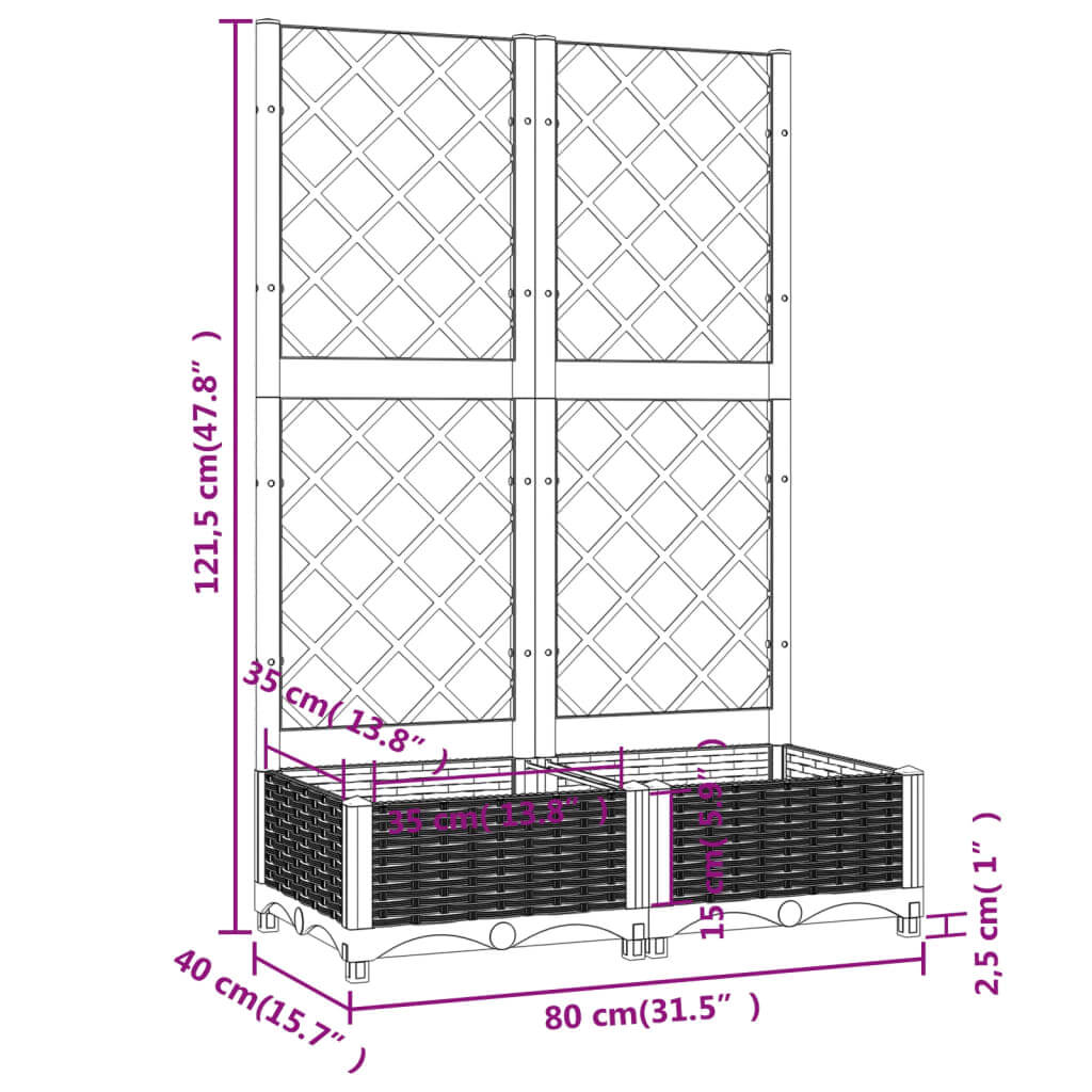 Diagram of Garden Planter with Trellis 80x40x121.5 cm PP showing dimensions and design features for outdoor use.