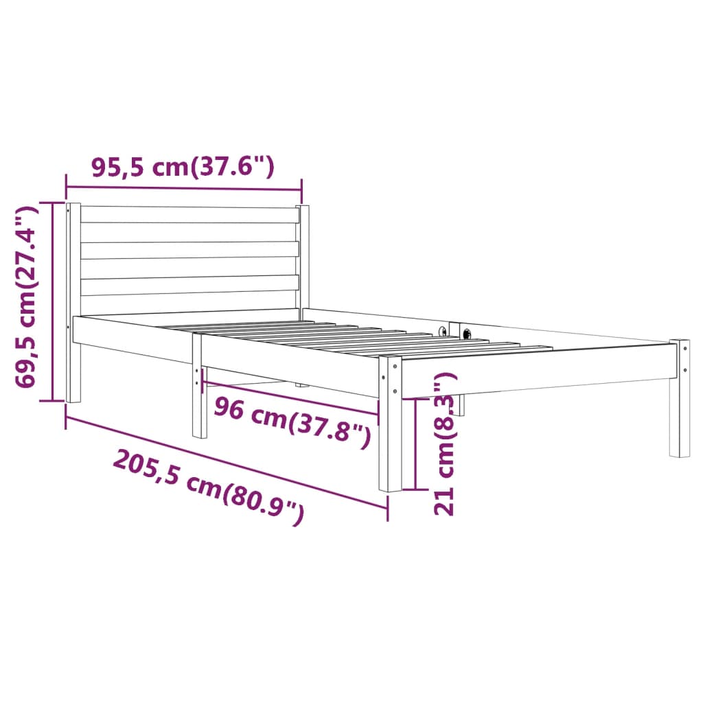 Dimensions of a solid wood pine bed frame without mattress, measuring 90x200 cm with detailed height and width specifications.