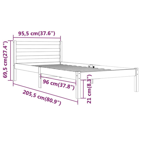 Dimensions of a solid wood pine bed frame without mattress, measuring 90x200 cm with detailed height and width specifications.