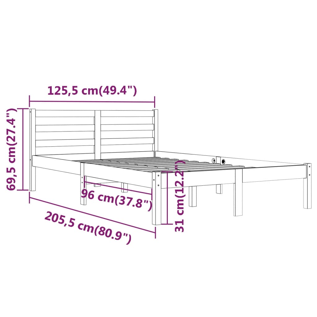 Diagram showing dimensions of a solid wood pine bed frame 120x200cm in black, suitable for day and night use.