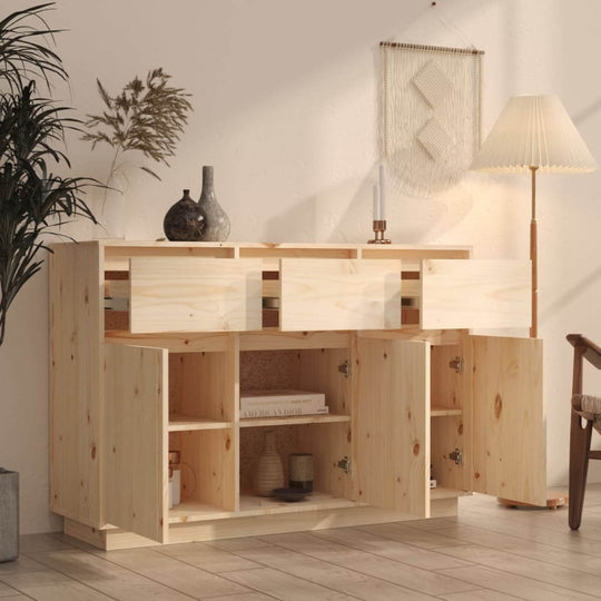 Floating sideboard in solid pine wood, featuring open shelves and drawers, ideal for modern indoor furniture design.