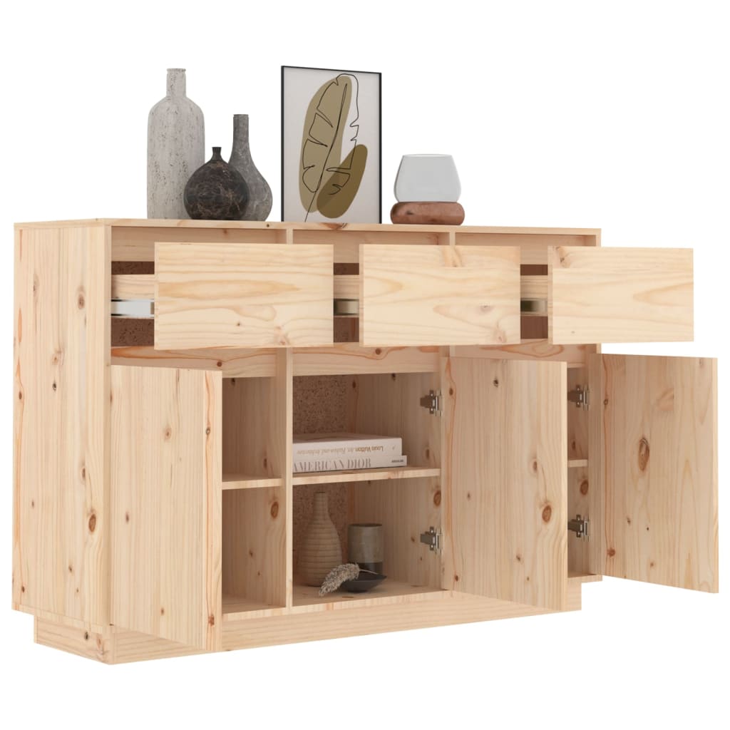 Solid wood pine floating sideboard with open storage, drawers, and decorative items, perfect for modern lounge and outdoor furniture.