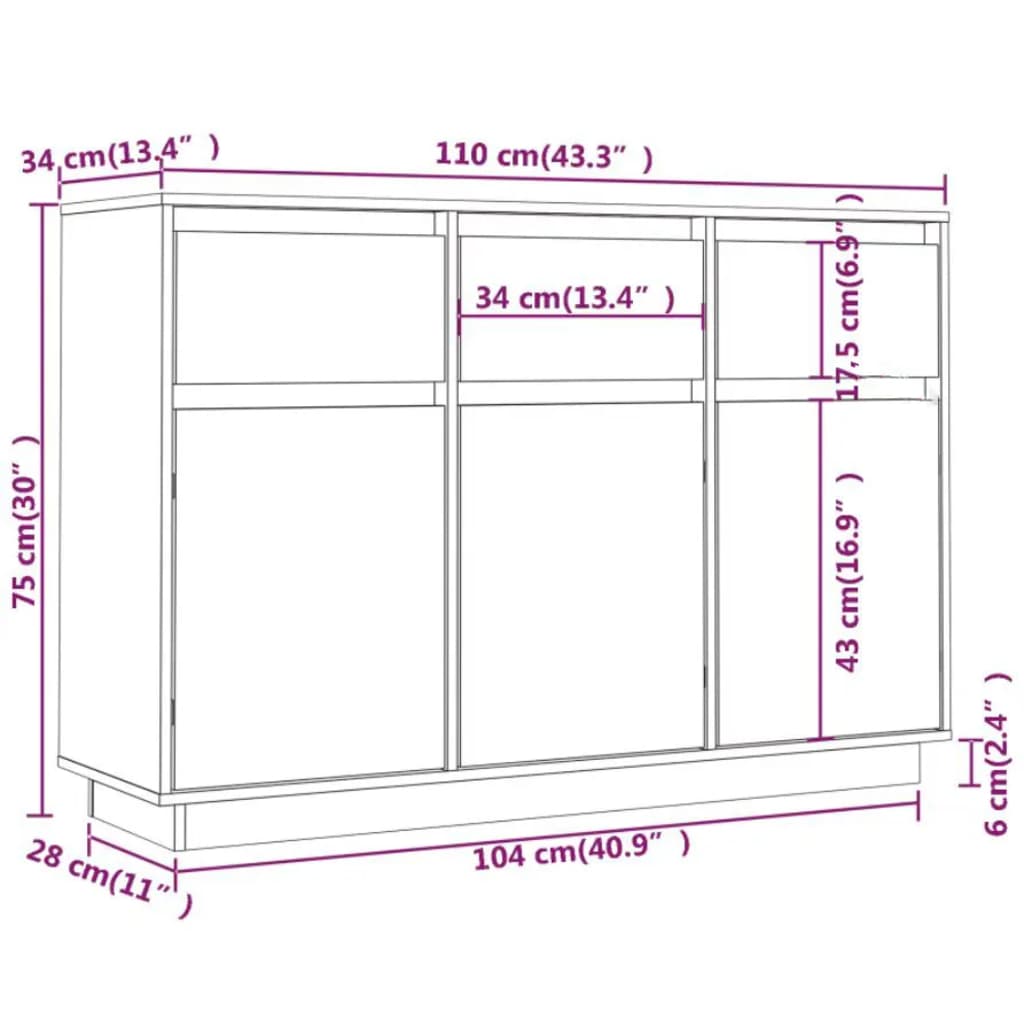 Dimensions diagram of a 110x34x75 cm solid wood pine sideboard, showcasing its floating style and stable construction.