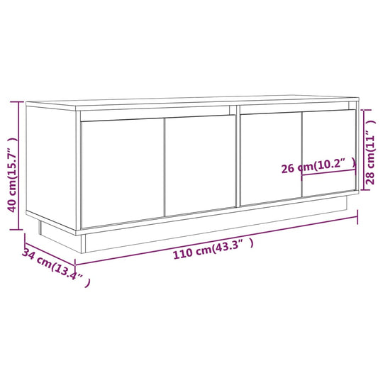 Dimensions diagram of a solid wood pine TV cabinet, measuring 110x34x40 cm with detailed measurements for storage space.