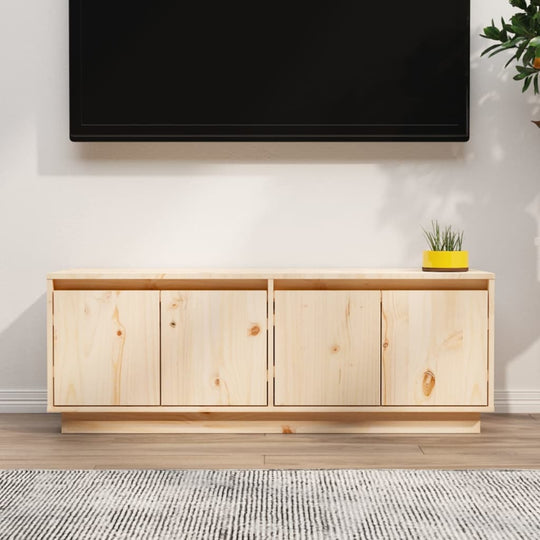 Solid wood pine TV cabinet in a modern living room setting, featuring ample storage and a rustic finish.