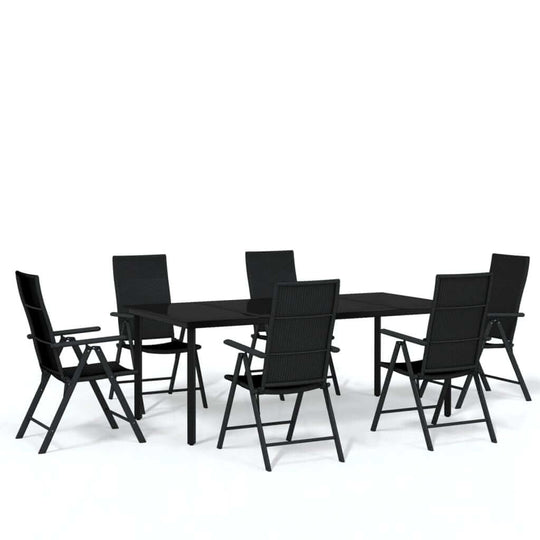 7 Piece Garden Dining Set featuring a sturdy black table and six comfortable chairs for outdoor dining.