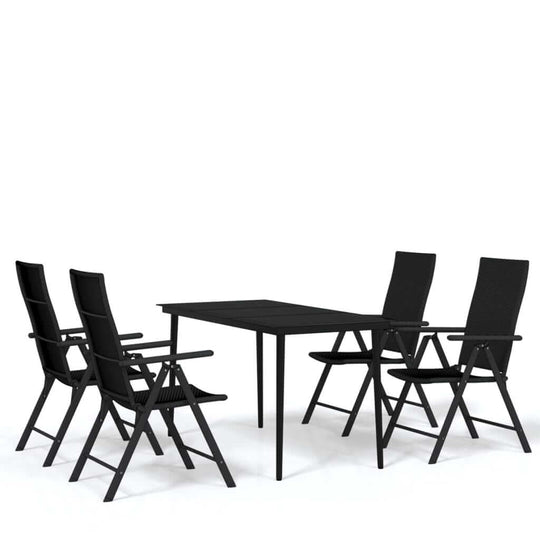 5 Piece Garden Dining Set featuring a sleek glass tabletop and sturdy rattan chairs in a contemporary black finish.