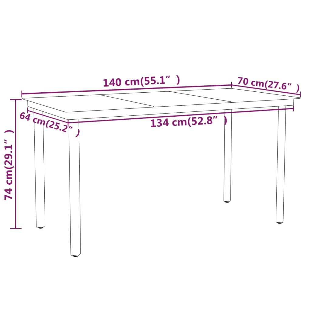 7 Piece Garden Dining Set dimensions showing table measurements in centimeters and inches.