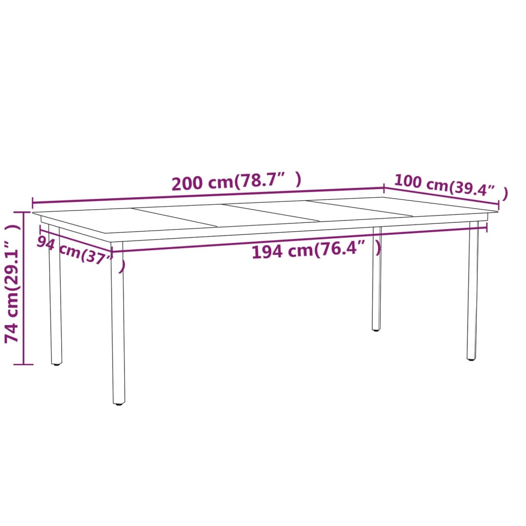 Dimensions of the 7 Piece Garden Dining Set table displayed with measurements in centimeters and inches.