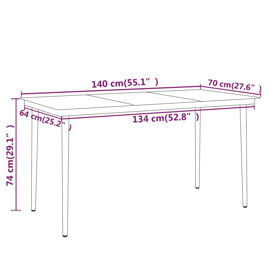 Dimensions of a 7 Piece Garden Dining Set table showing length, width, and height measurements in centimeters and inches.